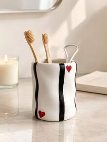 Cute Hand-Painted Red/Blue/Black Striped Resin Storage Box With Heart Decoration, Handmade Asymmetrical Wavy Texture, Multi-Purpose Bathroom And Desktop Organizer, Vanity Decor, Housewarming Gift - Heart Ripple Cup - View 13