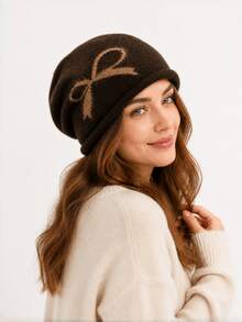 1pc Thickened Bow-Knot Knitted Hat For Women, Autumn/Winter Large Head Circumference Ear-Protective Warm Beanie With Embroidered Ear Flaps, Korean Style Slouchy Knit Cap, Postpartum Maternity Hat - Multicolor - View 2