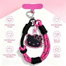 1 buah Tali Gantungan Ponsel Hello Kitty Hitam & Merah Muda, Gantungan Hello Kitty Sanrio, Tali Pergelangan Tangan Anyaman Buatan Tangan yang Dapat Diatur, Dengan Pembatas Ponsel dan Gantungan Kunci, Aksesori Anti-Hilang untuk Pecinta Mobil - Tali gantung - View 1