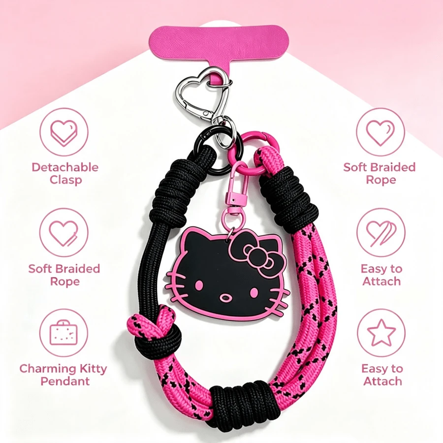1 buah Tali Gantungan Ponsel Hello Kitty Hitam & Merah Muda, Gantungan Hello Kitty Sanrio, Tali Pergelangan Tangan Anyaman Buatan Tangan yang Dapat Diatur, Dengan Pembatas Ponsel dan Gantungan Kunci, Aksesori Anti-Hilang untuk Pecinta Mobil - Tali gantung - View 1