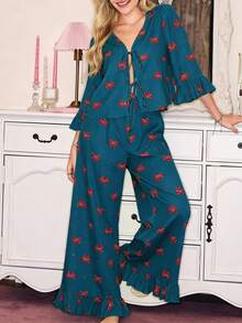 Women's 2pcs Bow Print Tie-Front Ruffle Top & Wide Leg Pants Lounge Set, Vintage Bell Sleeve Loose Pajama Set - Multicolor - View 5