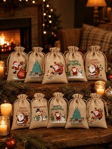 8pcs Drawstring Linen Christmas Gift Bags, Santa Claus, Reindeer And Snowflake Patterns, Reusable Holiday Party Gift Bags, Suitable For Christmas, New Year Party Gift Supplies, Gift Wrapping Bags, Merry Christmas - Christmas Burlap Bag - View 4