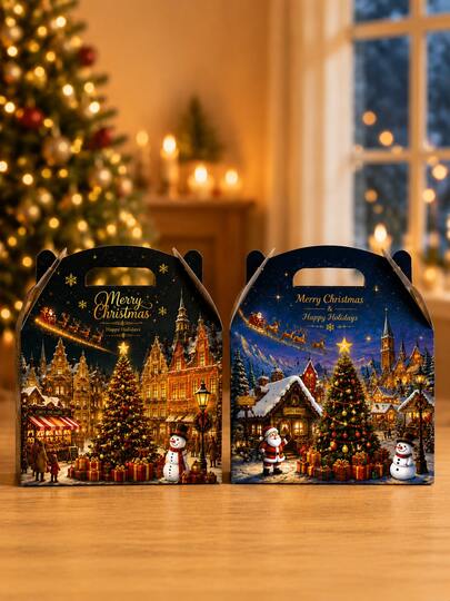 8pcs Christmas Gift Packaging Boxes With Handles, Aesthetic Winter Village Design Holiday Boxes, Cozy Christmas Night Scene Present Boxes, Festive Party Favor Candy Boxes, Snowy Town Xmas Decorations, Holiday Gift Wrapping Accessories For Christmas