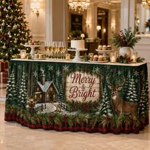 Christmas Table Skirt With Merry & Bright Lettering, Rustic Woodland Snowy Cabin Deer Pattern Holiday Table Cover, Farmhouse Christmas Decor With Pine Trees Snowflakes And Red Plaid Trim For Winter Party Dining Room Decoration - A - View 7
