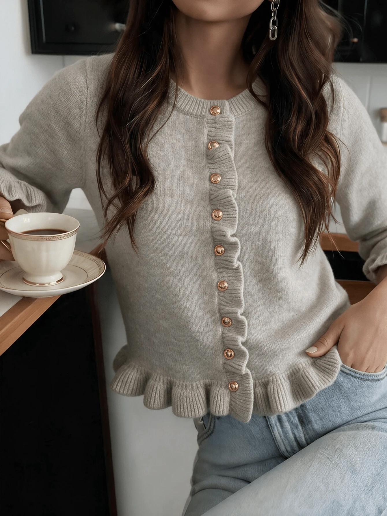 Sookaug New Autumn/Winter Oatmeal Ruffle Knit Sweatshirt Women's Elegant Soft Round Neck Single-Breasted Sweatshirt - Khaki - View 1