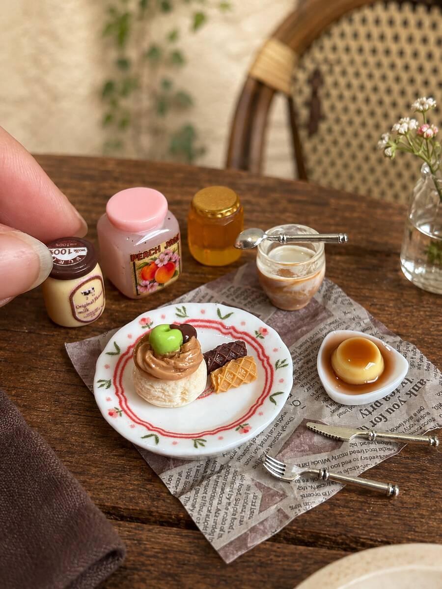 Resin Miniature Dessert Afternoon Tea Set Dollhouse Cake Pudding Jam Honey Yogurt Tableware Model Decoration Non-Edible - one-size - View 1