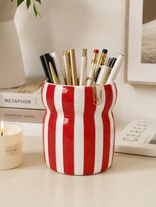 1pc Large Capacity Striped Pen Holder, Wavy Desk Organizer, Multifunctional Makeup Brush Cup, Multicolor Desktop Storage For Office Home, Cute Table Decor Gift - Waist-cinching Striped Pencil Holder - View 5