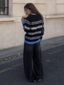 New Autumn/Winter Women's Casual Minimalist Retro Striped Crew Neck Cardigan Sweater - Black - View 2