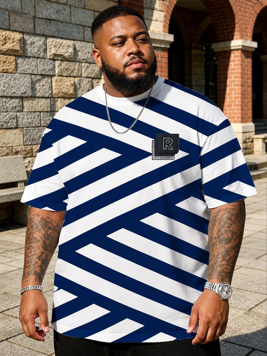 Plus Size Blue & White Striped Allover Print T-Shirt | "R" Logo Accent Minimalist Casual Streetwear Short Sleeve Top - Blue - View 1