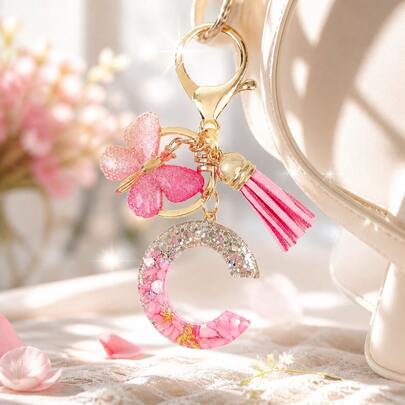 1pc Sequin Letter M Resin Keychain Pink Butterfly Tassel Bag Charm Gift For Women Girls Couples Back To School Halloween Thanksgiving Christmas