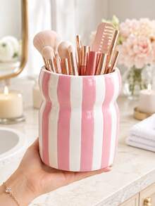 1pc Large Capacity Striped Makeup Brush Holder, Wavy Cosmetic Pen Cup, Multicolor Desktop Storage Organizer For Vanity Bathroom, Big Capacity Table Container Home Decor Gift - Waist-cinching Striped Storage - View 4
