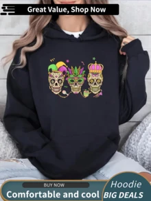 Carnival Cartoon Skull Pattern Graphic Print Hoodie, Drawstring Casual Hooded Sweatshirt For Fall  Spring, Women'S Clothing Fal Fall Clothes For Women - 黑色 - 查看 1
