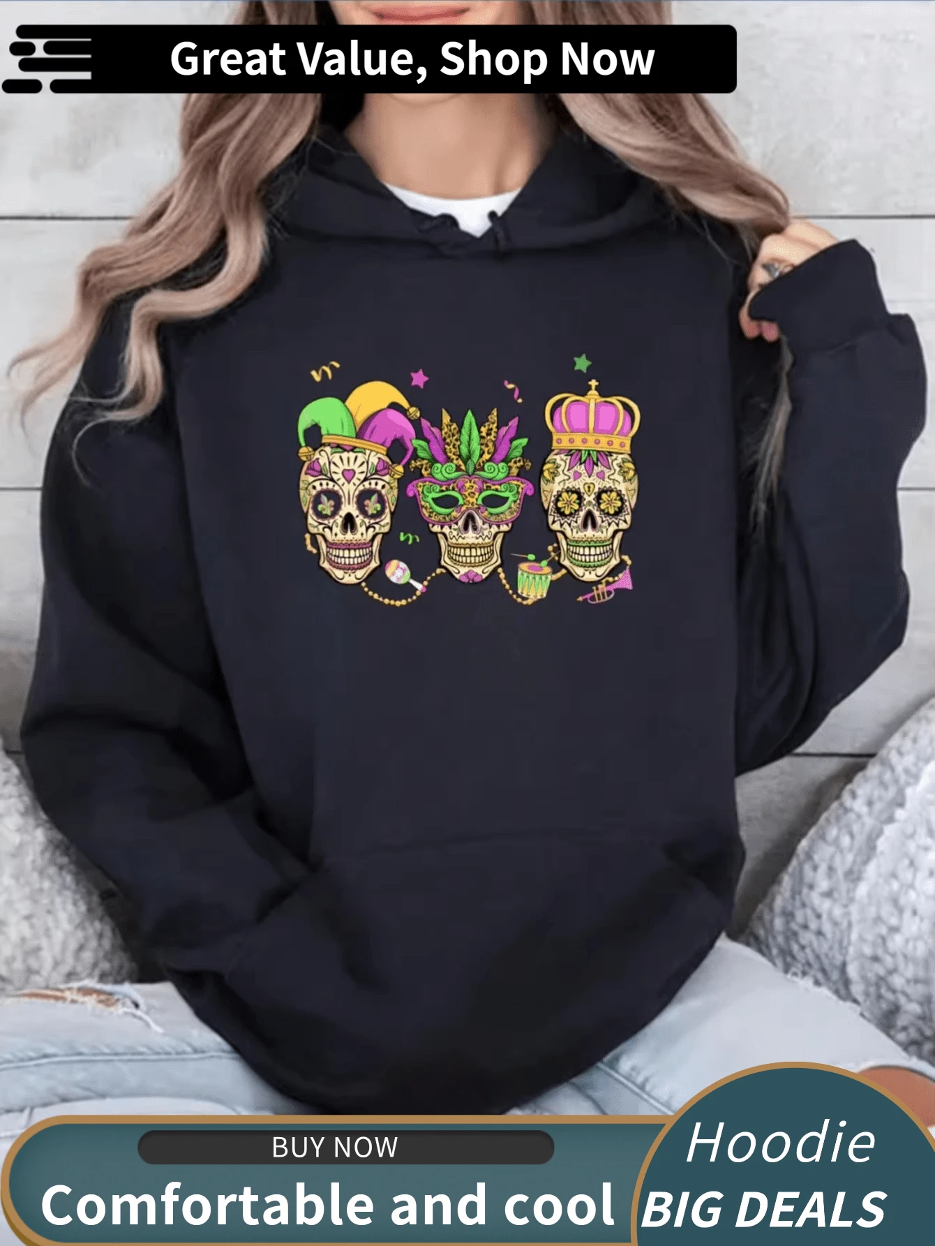Carnival Cartoon Skull Pattern Graphic Print Hoodie, Drawstring Casual Hooded Sweatshirt For Fall Spring, Women'S Clothing Fal Fall Clothes For Women - 黑色 - 查看 1