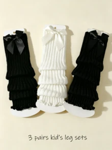 3 Pairs Girls' Solid Color Bow Knot Knitted Knitted Slouch Leg Warmers - Multicolor - View 1