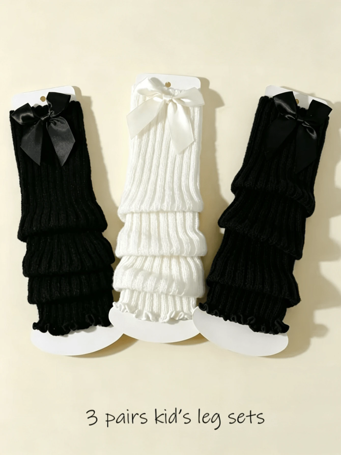 3 Pairs Girls' Solid Color Bow Knot Knitted Knitted Slouch Leg Warmers - Multicolor - View 1