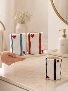 Cute Hand-Painted Red/Blue/Black Striped Resin Storage Box With Heart Decoration, Handmade Asymmetrical Wavy Texture, Multi-Purpose Bathroom And Desktop Organizer, Vanity Decor, Housewarming Gift - Heart Ripple Cup - View 9