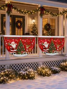 Christmas Santa Claus Reindeer Half-Circle Porch Banner, Christmas Tree Gift Snowflake Hanging Flag, Christmas Window Railing Decoration, Suitable For Front Porch Door Indoor Outdoor Holiday Home Party Decor - E - View 10