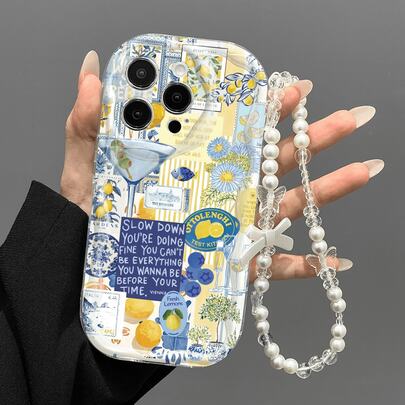 1pc Vintage Lemon Newspaper Cocktail Print With Pearl Bow Bracelet Anti-Drop Oval Soft Shell Phone Case For Galaxy S22/23/24/S25/A04/05/06/A07/A17/A14/A15/A16/A24/A25/A34, Note 7/8/9/10/11/12/13/14, 9/10/12/13C/14C/A5, Honor X, HW