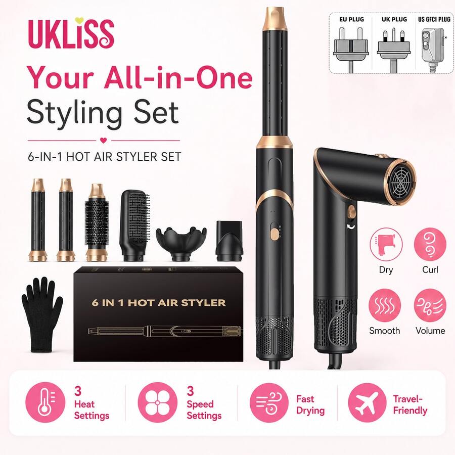UKLISS 6-In-1 Hot Air Brush & Hair Dryer Set | 6 Detachable Replacement Heads + 3-Level Precise Temperature Control + Foldable Portable Design For Travel | Automatic Curling & Multi-Style Styling (Curled/Wavy/Straight/Voluminous) | Frizz-Free, Anti-Static, Long-Lasting Hold | Suitable For All Hair Types (Fine/Thick/Curly/Straight) | Ideal Gift (Valentine's Day/Easter/Carnival) | Suitable For Hair Salon/Home/Travel/Commute/Vacation/Party Multi-Scenario Use