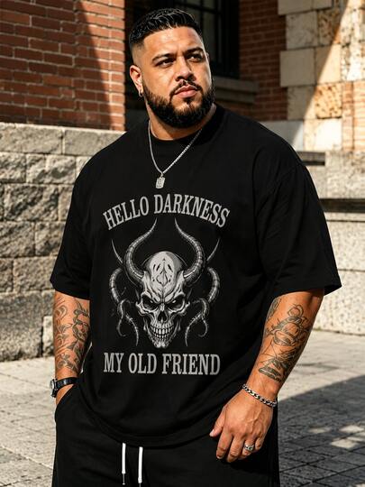 Plus Size "HELLO DARKNESS" Demon Skull T-Shirt | Hardcore Gothic American Street Dark Slogan Short Sleeve Top Black Sports