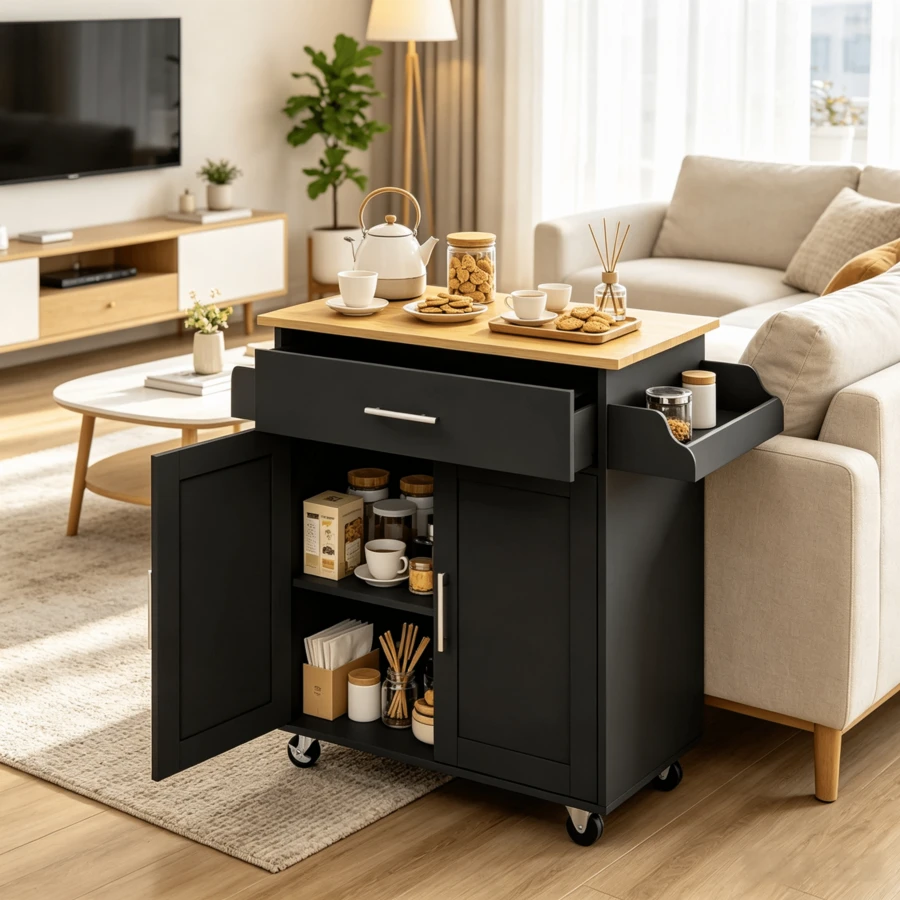 Carrito Móvil de Almacenamiento Multifuncional con Cajón para Sala y Cocina - Negro - Ver 1