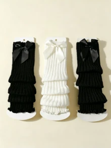 3 Pairs Girls' Solid Color Bow Knot Knitted Knitted Slouch Leg Warmers - Multicolor - View 2