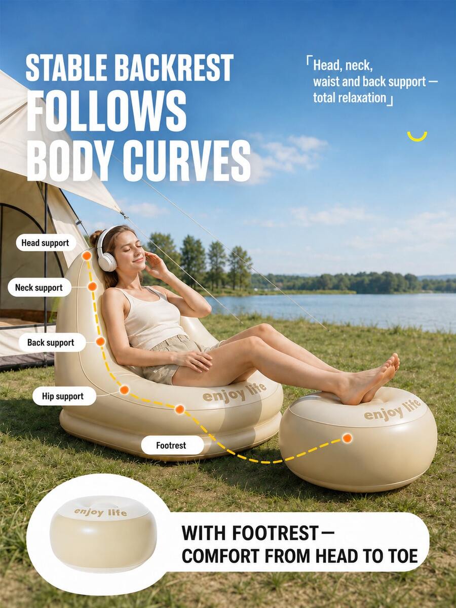 Portable Inflatable Lounge Chair, High Back Foldable Lazy Sofa Chair, Ergonomic Air Couch For Indoor Outdoor Camping, Living Room, Bedroom, Balcony & Patio - A - View 1