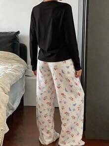 Minimalist Black Raglan Long Sleeve Top & Wide Leg Pants Set With Cherry Blossom Floral Print, Loose Fit Loungewear Pajamas For Women, Suitable For Home And Outdoor Wear - Multicolor - View 2