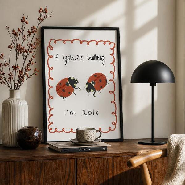 1pc Cute Ladybug Canvas Wall Art Cute Aesthetic Insect Poster Red Scalloped Border Quotes Print Retro Doodle Picture Wall Decor For Bedroom Living Room College Dorm Unframed Or Framed/Wooden Hanging