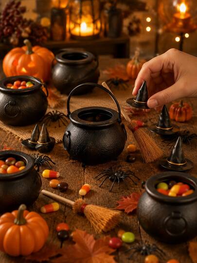 1pc Retro Magic Style Desktop Decor Set, Cauldron Broom Hat Spider Shaped Ornament Kit For Teens