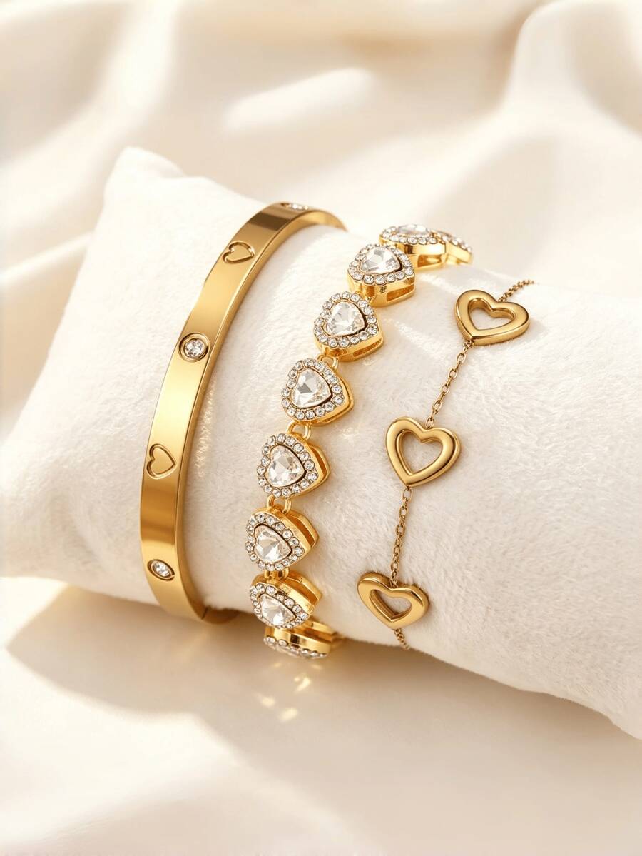 3件/1件 時尚百搭愛心造型手鍊 不鏽鋼水鑽手鐲 可疊戴飾品 情人節與聖誕節禮物 - 金色 - 查看 1