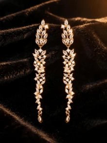 Gold Marquise Cubic Zirconia Long Tassel Dangle Earrings, Bridal Sparkly Drop Earrings For Women Party Evening - Earrings - View 2