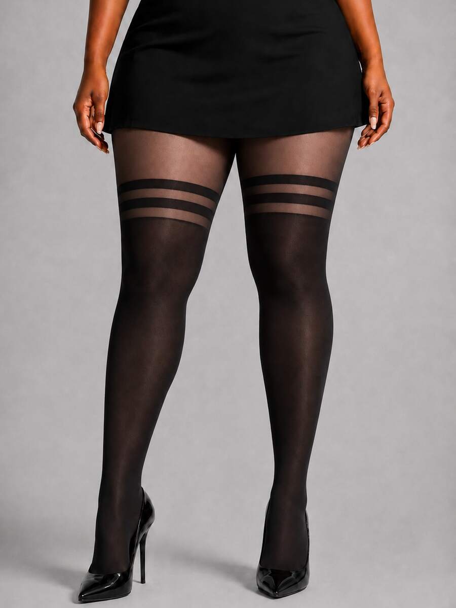 1 Pair Women's Black Fake Thigh High Stockings, Sexy Double Stripe Sheer Pantyhose, Suitable For Nightclub Wear - Black - View 1