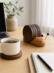5Pcs Round Wooden Coasters With Snail-Shaped Holder, Rustic Wood Drink Coaster Set, Stackable Cup Mats For Coffee Tea Mugs, Farmhouse Living Room Home Decor, Coffee Table Accessories, Kitchen Decor, Housewarming & Christmas Gift - Multicolor - View 10