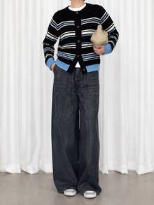 New Autumn/Winter Women's Casual Minimalist Retro Striped Crew Neck Cardigan Sweater - Black - View 3