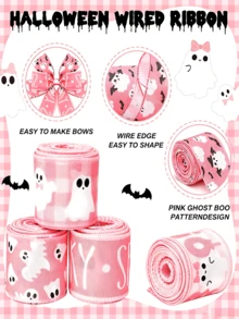 6pcs-Pink Halloween Wired Edge Ribbon, Ghost Ribbon, Witch Hat Spider Web Bat Print, Halloween Floral Bow Making, Wreath Handmade DIY, Halloween Gift Wrapping Decoration, Gift Party Decoration, Halloween Party Decoration, Ghost B00 Ribbon, Handmade Material, Gift Wrapping, 6 Styles - Multi-color - View 4
