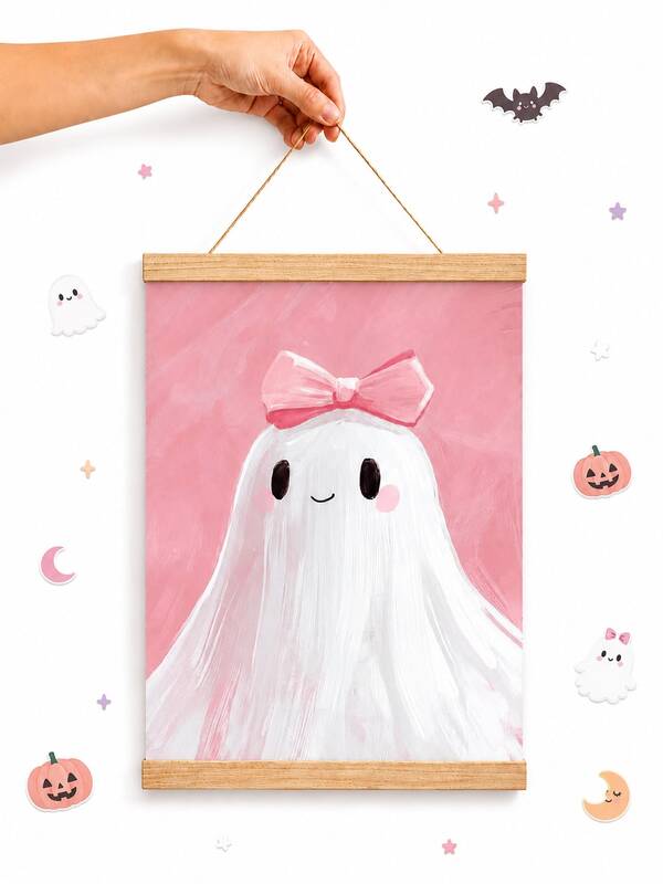Pink Bow Cute Ghost Wooden Scroll Hanging Decor, Soft Pale Pink Background Sweet Ghost Fabric Poster, Farmhouse Style Autumn Halloween Entryway Living Room Front Door Wall Decoration