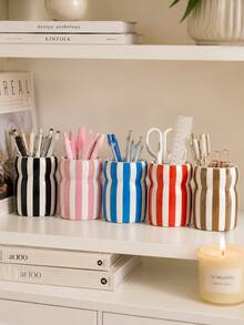 1pc Large Capacity Striped Pen Holder, Wavy Desk Organizer, Multifunctional Makeup Brush Cup, Multicolor Desktop Storage For Office Home, Cute Table Decor Gift - Waist-cinching Striped Pencil Holder - View 8