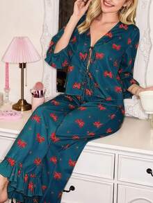 Women's 2pcs Bow Print Tie-Front Ruffle Top & Wide Leg Pants Lounge Set, Vintage Bell Sleeve Loose Pajama Set - Multicolor - View 1