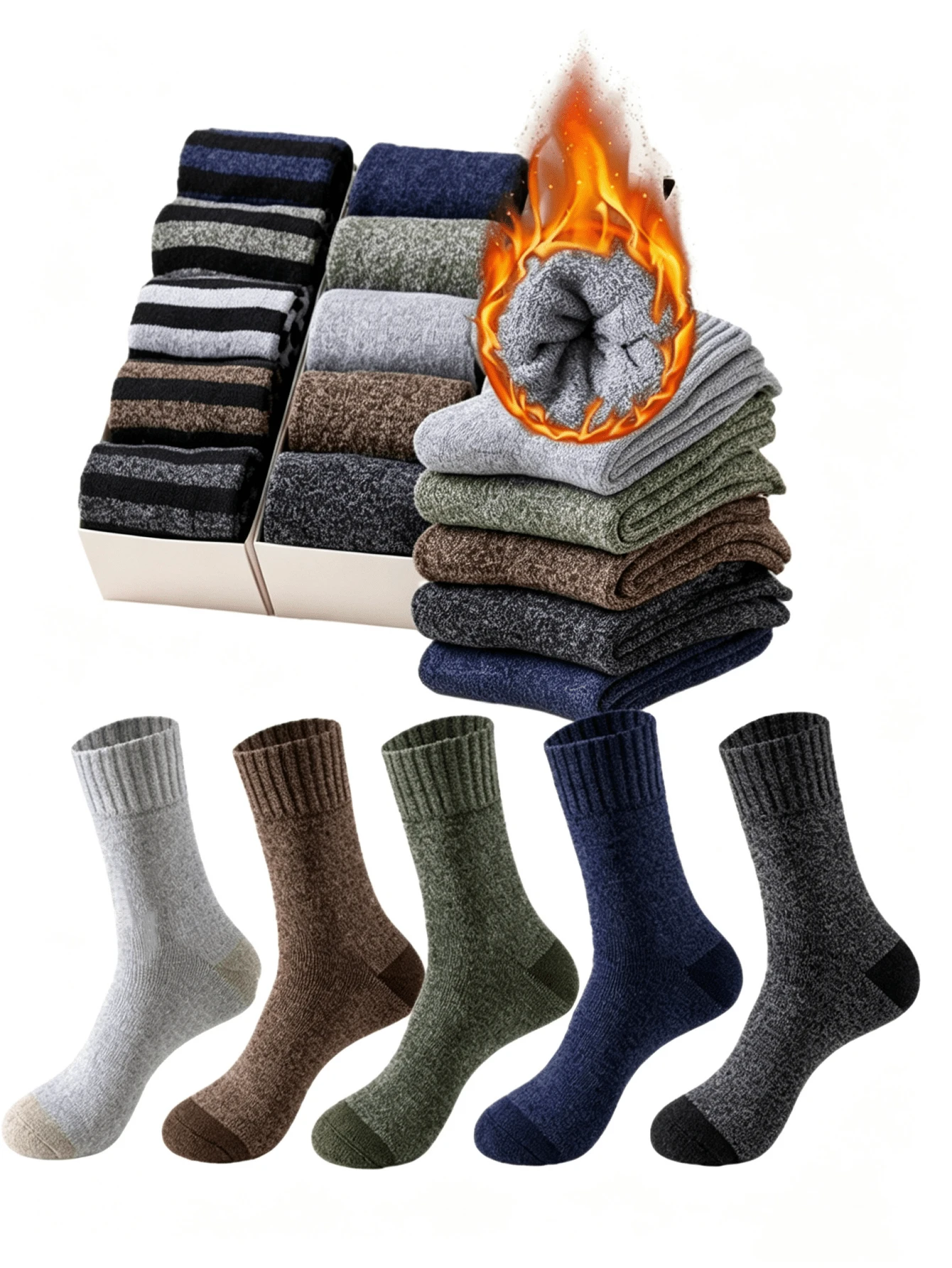 Winter Warm Wool Blend Socks 5 Packs Super Thick Fleece Lined Terry Socks Non-Slip Durable Thermal Crew Socks For Men Outdoor Camping Walking Daily Commute - Multicolor - View 1