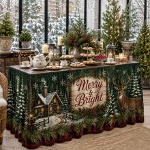 Christmas Table Skirt With Merry & Bright Lettering, Rustic Woodland Snowy Cabin Deer Pattern Holiday Table Cover, Farmhouse Christmas Decor With Pine Trees Snowflakes And Red Plaid Trim For Winter Party Dining Room Decoration - A - View 8