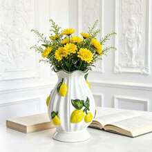 1pc 3D Lemon Embossed Ceramic Vase, White Wavy Edge, Decorative Vase, Home Tabletop Centerpiece - Multi-color - View 15