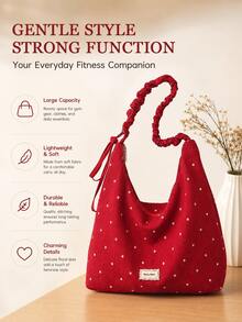 Burgundy Floral One-Shoulder Gym Bag, Large Capacity Soft Fabric Lightweight And Comfortable, Pleated Wide Strap Reduces Burden And Pressure, Sturdy And Durable Construction, Exquisite And Feminine Floral Details, Suitable For Fitness, Commuting, Short Trips And Other Scenarios - Red - View 1