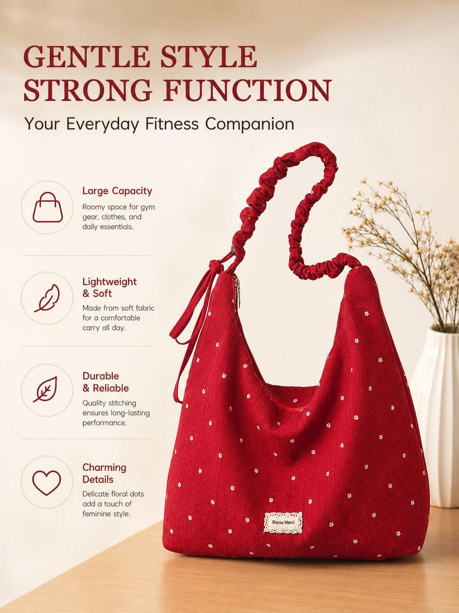 Burgundy Floral One-Shoulder Gym Bag, Large Capacity Soft Fabric Lightweight And Comfortable, Pleated Wide Strap Reduces Burden And Pressure, Sturdy And Durable Construction, Exquisite And Feminine Floral Details, Suitable For Fitness, Commuting, Short Trips And Other Scenarios - Red - View 1