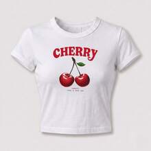 Blusa Feminina Baby Tee T-shirt Ribana Estampa Y2k Basica Confortavel Dia A Dia Slim Verão Cherry - Branco - Visão 2