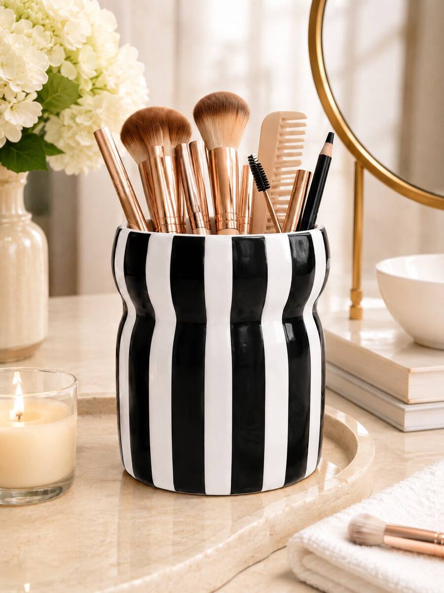 1pc Large Capacity Striped Makeup Brush Holder, Wavy Cosmetic Pen Cup, Multicolor Desktop Storage Organizer For Vanity Bathroom, Big Capacity Table Container Home Decor Gift - Waist-cinching Striped Storage - View 1