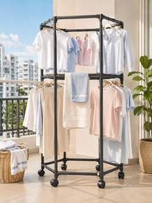 muebles,perchero para ropa,rack para ropa,tendederos para secar ropa,secadora de ropa,Tendedero de Ropa de Piso con Ruedas Giratorias 360°, Perchero Organizador de 2 Niveles para Balcón e Interior, Estructura Multilateral Negra para Camisas, Pantalones, Toallas y Ropa Familiar, 172 cm - A - Ver 3