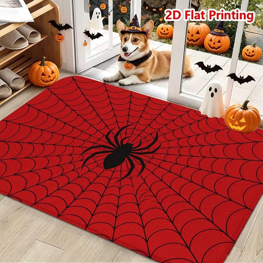 1/2pcs Halloween Door Mat, Halloween Theme Red Spider Web Pattern Flannel Floor Mat, Soft Absorbent Non-Slip Machine Washable, Suitable For Entryway, Living Room, Bedroom, Kitchen, Bathroom, Laundry Room And Patio, Multi-Functional Home Floor Mat, Holiday Decoration Suitable For Halloween Decor - Multicolor - View 1