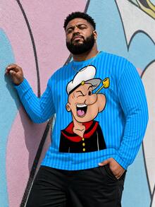 Men's Plus Size Cartoon Cute Funny Round Neck Long Sleeve T-Shirt, Polyester Knit Fabric Comfortable Breathable, Fashion Streetwear "Sailor Line" Pattern, Funny Design Fresh Series, Novel Personalized Top - Blue - View 1
