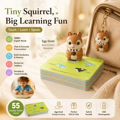 Talking Flash Cards, Educational Toy For Kids, Cute Squirrel Early Learning Machine, Includes 55 Double-Sided Cards, 1000+ Words, Recognition, Recording, Phonics, Music, Bedtime Stories. Kindergarten Back-To-School Gift, Holiday/Birthday Gift.